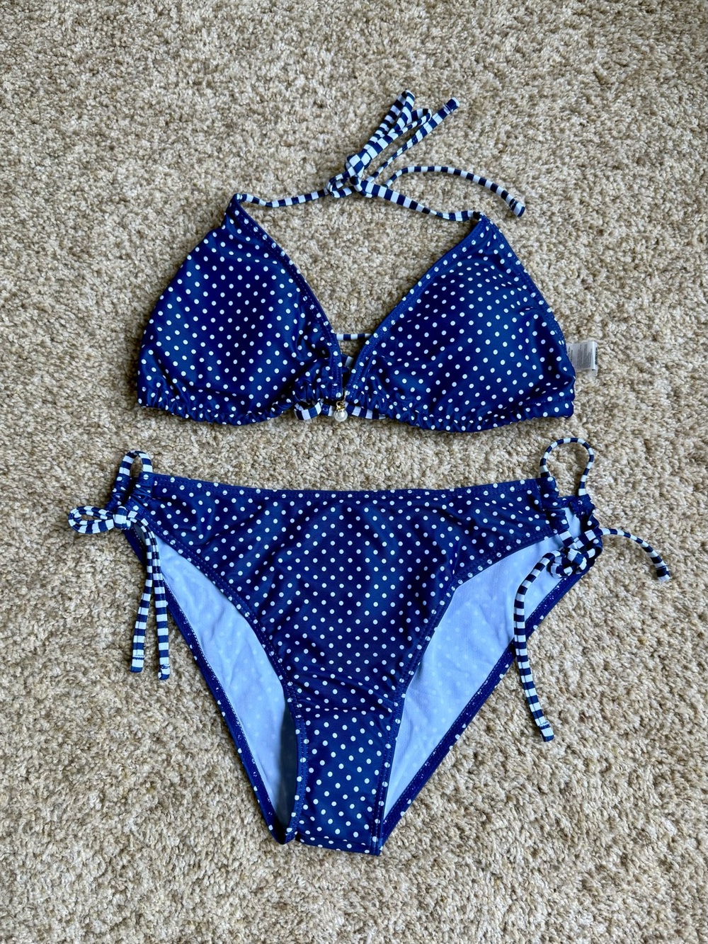 Navy Polka Dot Tie-Side Bikini Set Medium NEW